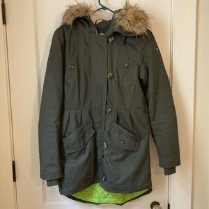 Sam Edelman Winter Coat Olive Green Faux Fur Trim Sz XS